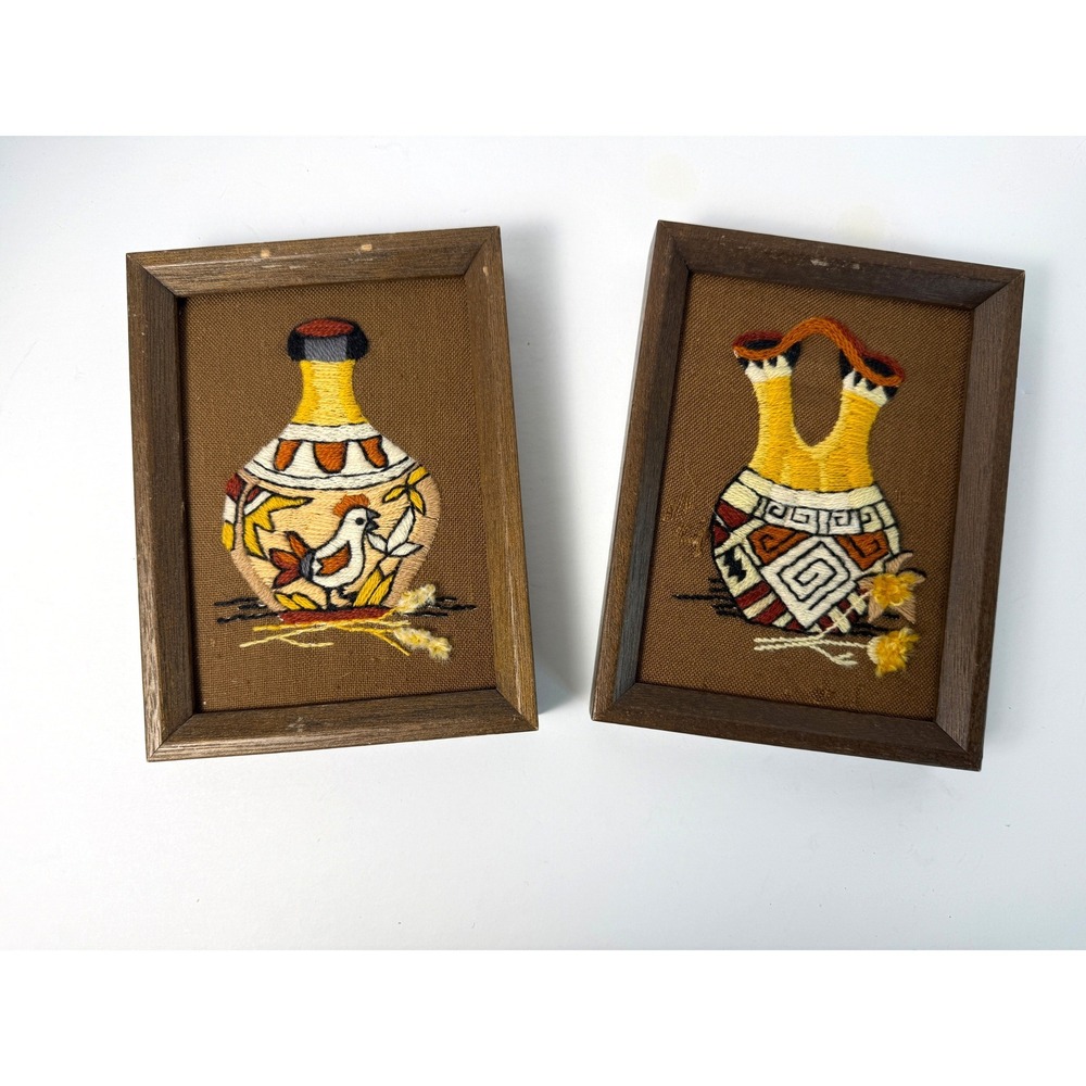 Set of 2 1970s  Framed Crewel Embroidery Art Southwestern Pottery Sunset Designs